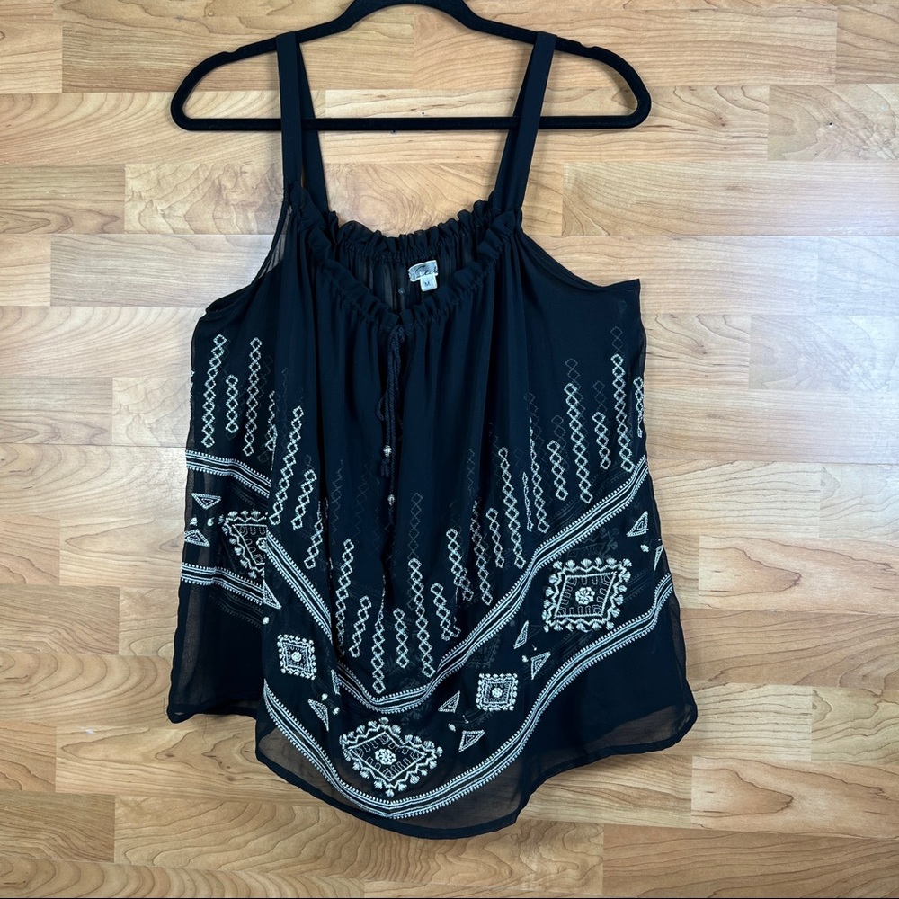 Cecico Sheer Tank Blouse w/Embroidery and a keyhole front tie Black